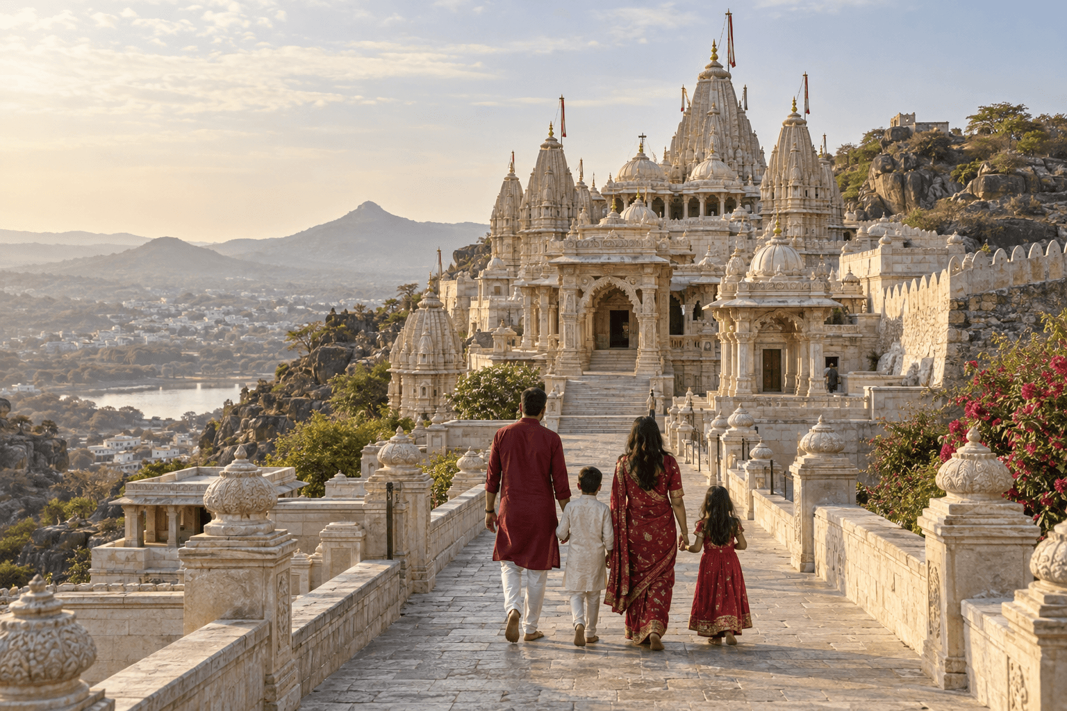 Travelers approach a Jain temple complex in Saurashtra