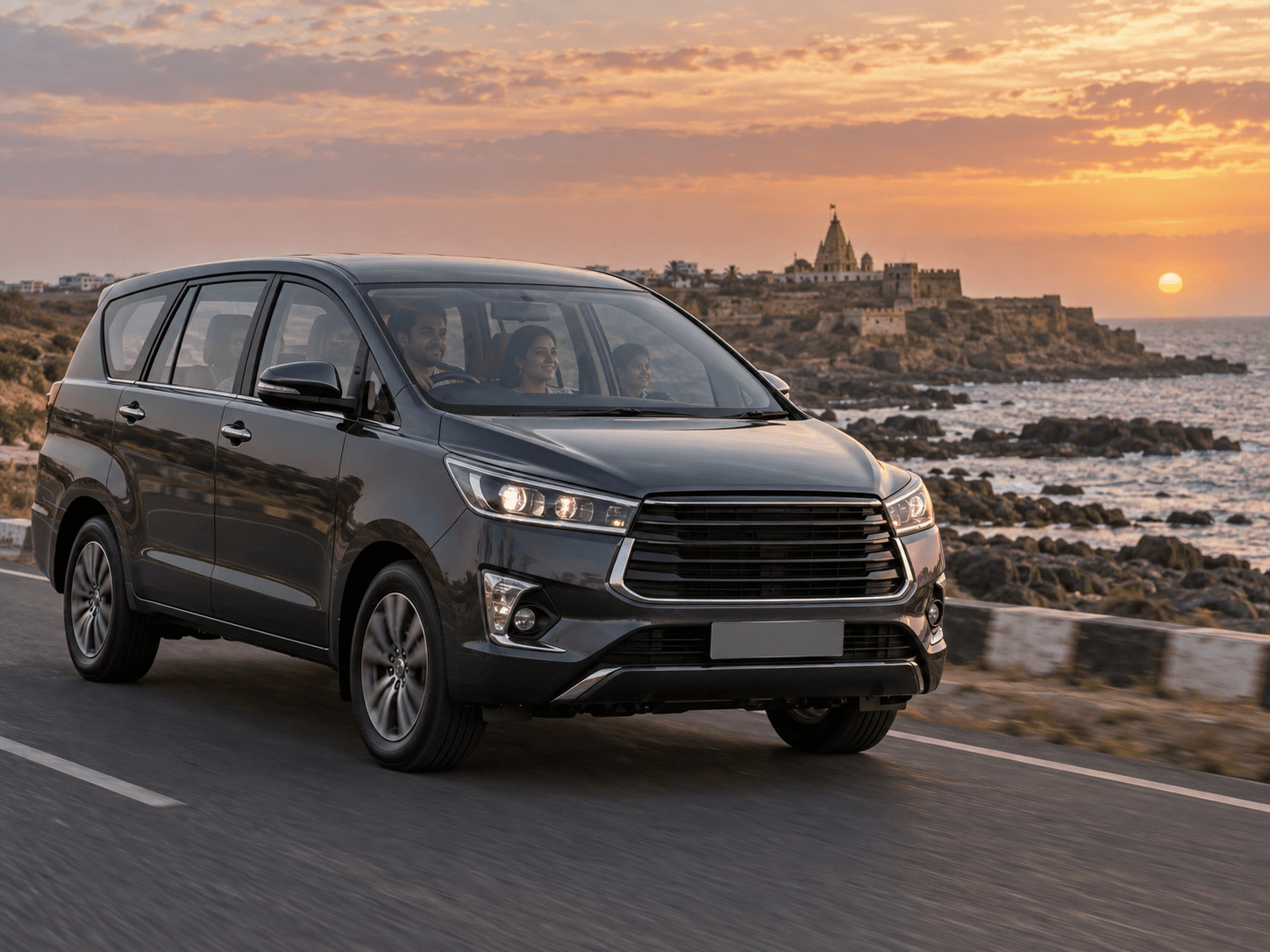 Graphite premium MPV on a coastal Gujarat road