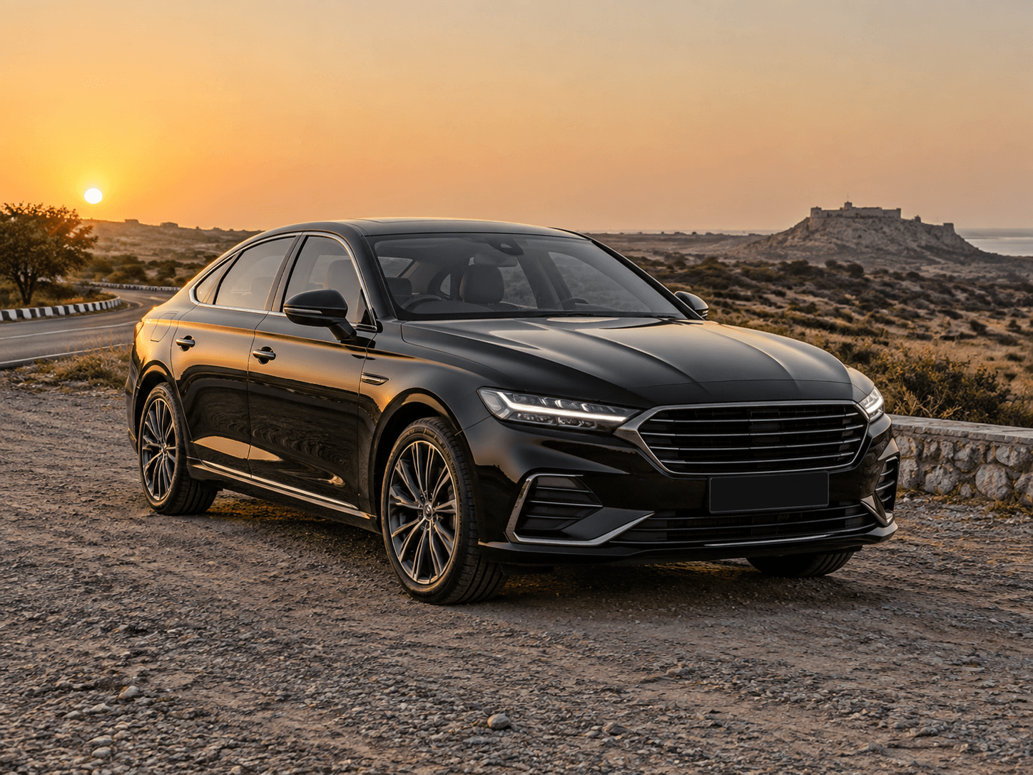 Dark executive sedan at a Saurashtra roadside